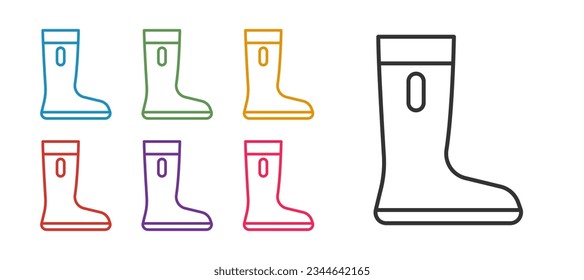 Set line Waterproof rubber boot icon isolated on white background. Gumboots for rainy weather, fishing, gardening. Set icons colorful. Vector