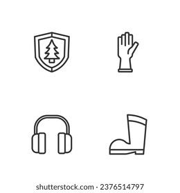 Set line Waterproof rubber boot, Headphones, Shield with tree and Protective gloves icon. Vector