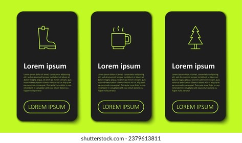 Set line Waterproof rubber boot, Coffee cup and Tree. Business infographic template. Vector