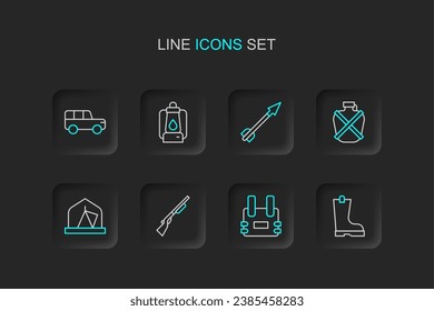 Fijar línea Bota de goma impermeable, chaleco a prueba de balas, pistola de caza, tienda de campaña turística, botella de agua de Canteen, flecha medieval, linterna de camping e icono de coche de Safari. Vector