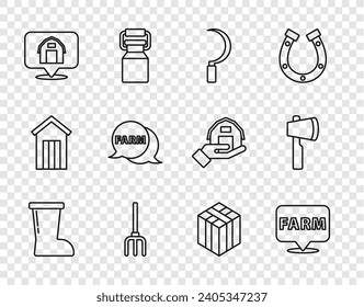 Set line Waterproof rubber boot, Location farm, Sickle, Garden pitchfork, house, Speech bubble with Farm, Bale hay and Wooden axe icon. Vector