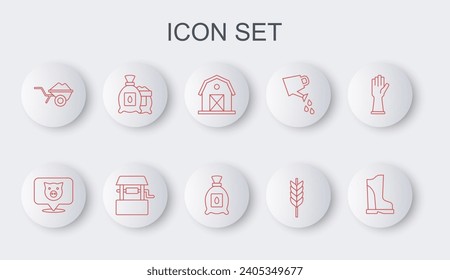 Set line Waterproof rubber boot, Pig, Farm house, Wheat, Wheelbarrow with dirt, Pack full seeds plant, Well and  icon. Vector