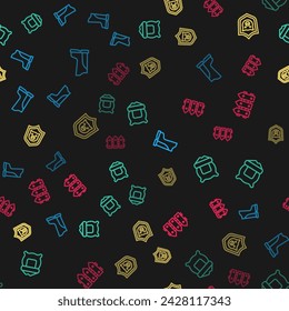 Set line Waterproof rubber boot, Bag flour, Shield with pig and Garden fence wooden on seamless pattern. Vector