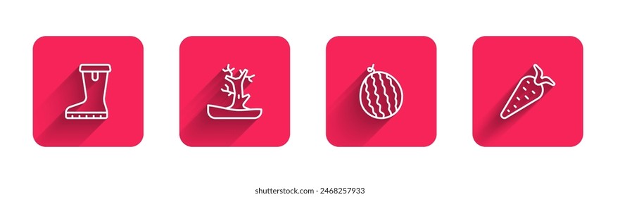 Set line Waterproof rubber boot, Bare tree, Watermelon and Carrot with long shadow. Red square button. Vector