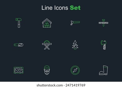 Set line Waterproof rubber boot, Circular saw blade, Lumberjack, Wooden beam, axe, Tree, Electric circular and Chainsaw icon. Vector