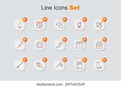 Set line Waterproof rubber boot, Open matchbox and matches, Wooden axe, Paw search, Medieval arrow, Ammunition, Target sport and Flashlight icon. Vector
