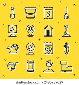 Set line Waterproof rubber boot, Corn, Shovel in the ground, Pack full seeds plant, Location with flower, Tree,  and Farm house icon. Vector