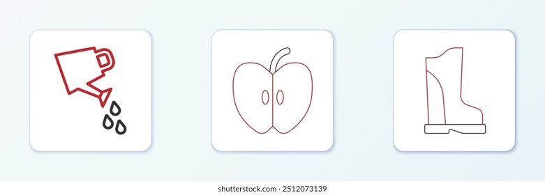 Set line Waterproof rubber boot, Watering can and Apple icon. Vector