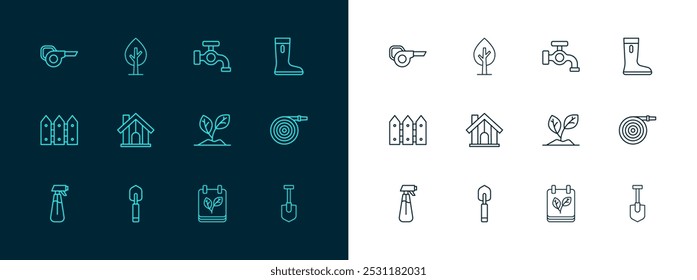 Set Linie Wasserdichter Gummistiefel, Gartenkelle Spaten oder Schaufel, Sprout, Kalender mit Herbstblättern, Bauernhaus, Hahn, Blatt Gartenbläser und Baum-Symbol. Vektorgrafik