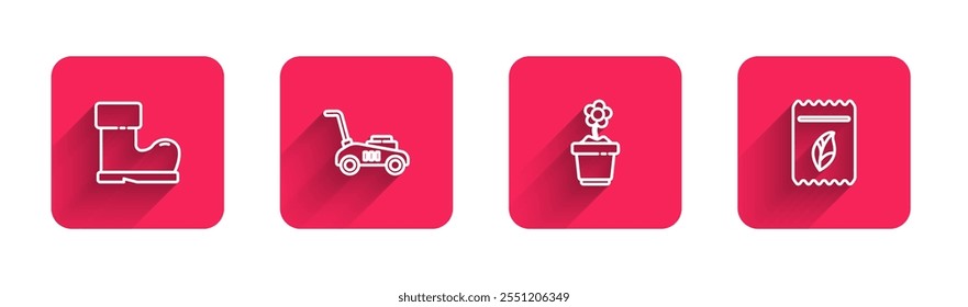 Set line Waterproof rubber boot, Lawn mower, Flower in pot and Pack full seeds plant with long shadow. Red square button. Vector