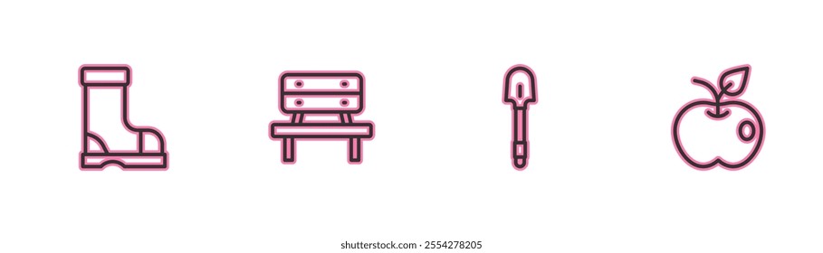 Set line Waterproof rubber boot, Shovel, Bench and Apple icon. Vector