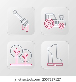 Set line Waterproof rubber boot, Tree, Tractor and Honey dipper stick icon. Vector