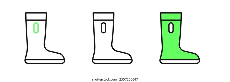 Set line Waterproof rubber boot icon isolated on white background. Gumboots for rainy weather, fishing, gardening.  Vector