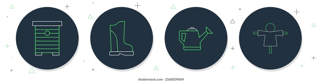 Set line Waterproof rubber boot, Watering can, Hive for bees and Scarecrow icon. Vector