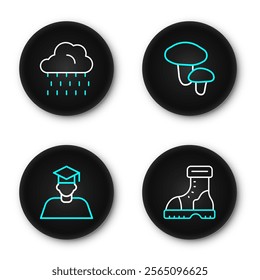 Set line Waterproof rubber boot, Graduate and graduation cap, Mushroom and Cloud with rain icon. Vector