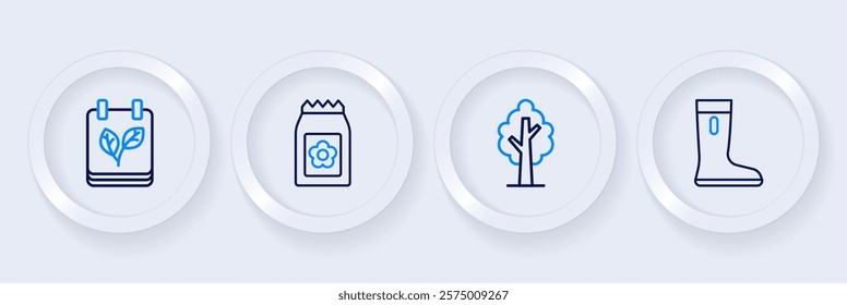 Set line Waterproof rubber boot, Tree, Pack full seeds and Calendar with autumn leaves icon. Vector