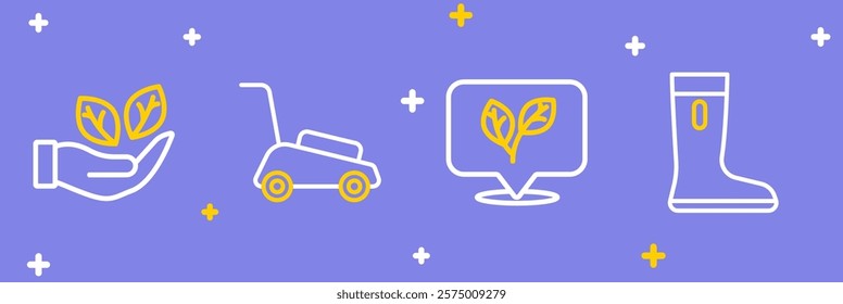 Set line Waterproof rubber boot, Leaf, Lawn mower and in hand icon. Vector