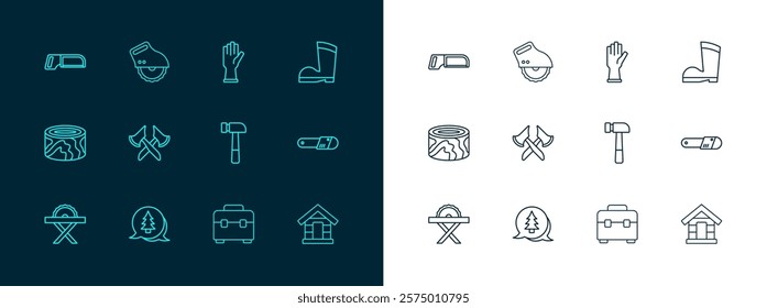 Set line Waterproof rubber boot, Tree, Hammer, Toolbox, Wooden axe, Protective gloves, Hacksaw and Electric circular icon. Vector