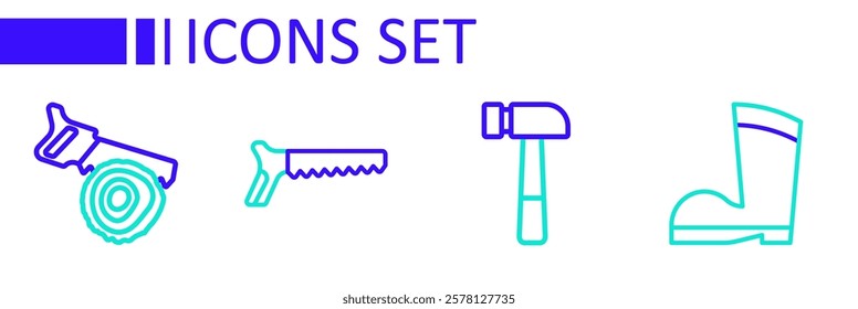 Set line Waterproof rubber boot, Hammer, Hand saw and log icon. Vector