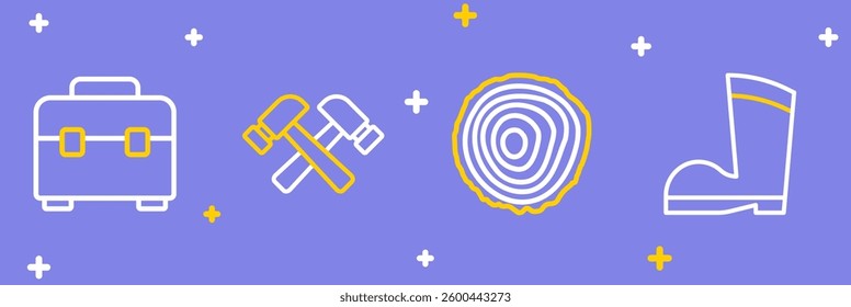 Set line Waterproof rubber boot, Tree rings, Crossed hammer and Toolbox icon. Vector