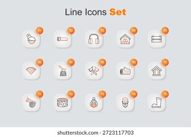 Set line Waterproof rubber boot, Lumberjack, Grapple crane grabbed log, Wooden logs, Hand saw and, Dog house,  and axe icon. Vector