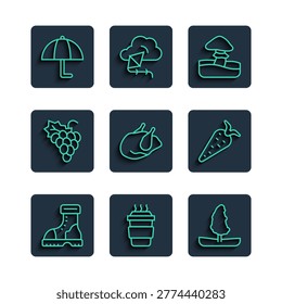 Set line Waterproof rubber boot, Coffee cup to go, Tree, Mushroom, Roasted turkey or chicken, Grape fruit, Umbrella and Carrot icon. Vector