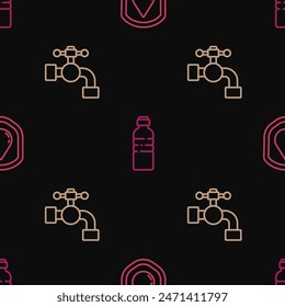 Setzen Sie Linie Wasserdicht, Wasserhahn und Flasche Wasser auf nahtloses Muster. Vektorgrafik