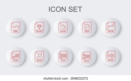 Set line WAV file document, PDF, MOV, PPT, XSL, RUBY,  and TXT icon. Vector