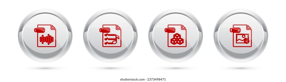 Set line WAV file document, M3U, 3DS and GIF. Silver circle button. Vector