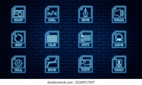 Establecer línea de documento de archivo WAV, MP3, EPS, XLS, GIF, BMP, PPT y XSL icono. Vector