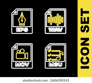 Set line WAV file document, M3U, MOV and EPS icon. Vector