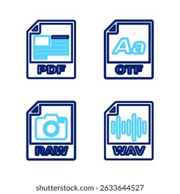 Set line WAV file document, RAW, OTF and PDF icon. Vector