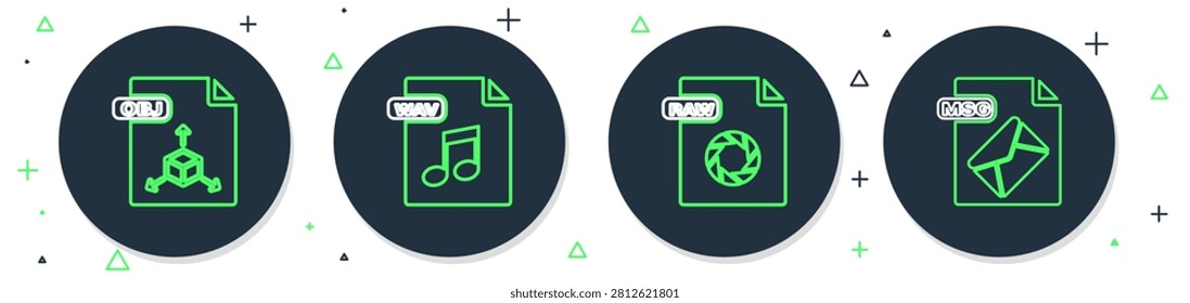Set line WAV file document, RAW, OBJ and MSG icon. Vector