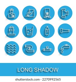 Set line Wave, Industry metallic pipe, Plumber, and manometer, Water tap, Glass with water,  and Bottle of icon. Vector