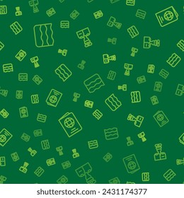 Set line Wave, Passport and Captain of ship on seamless pattern. Vector