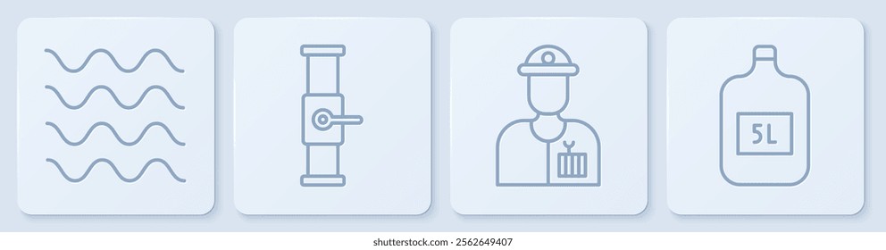 Set line Wave, Plumber, Industry pipe and valve and Big bottle with clean water. White square button. Vector