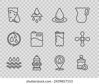 Set line Wave with water drop, Big bottle clean, Water, Fire hydrant, Glass, location and tap icon. Vector