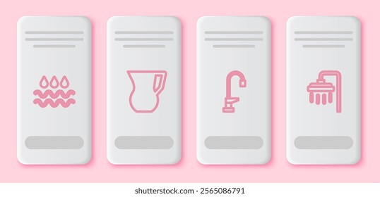 Set line Wave with water drop, Jug glass, Water tap and Shower. White rectangle button. Vector