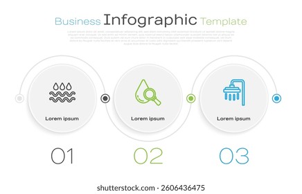 Set line Wave with water drop, Drop and magnifying glass and Shower. Business infographic template. Vector