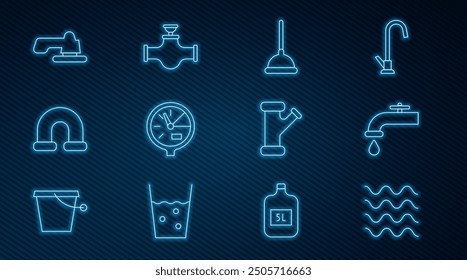 Set line Wave, Water tap, Rubber plunger, meter, Industry metallic pipe,  and and valve icon. Vector