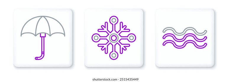 Set line Waves, Classic elegant opened umbrella and Snowflake icon. Vector