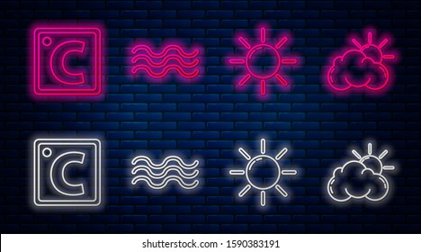 Set line Waves, Sun, Celsius and Sun and cloud weather. Glowing neon icon on brick wall. Vector