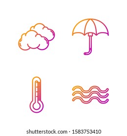 Set line Waves, Thermometer, Cloud and Classic elegant opened umbrella. Gradient color icons. Vector