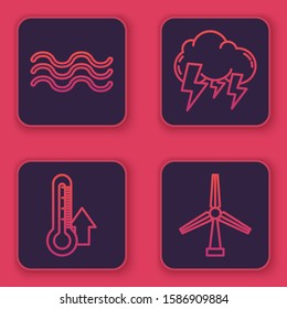 Set line Waves, Thermometer, Storm and Wind turbine. Blue square button. Vector