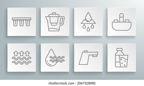 Set line Waves of water and evaporation, Water jug with filter, Recycle clean aqua, tap, Bottle glass, Washbasin and  icon. Vector