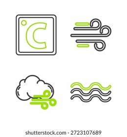 Definir linha Ondas, tempo ventoso e ícone Celsius. Vetor