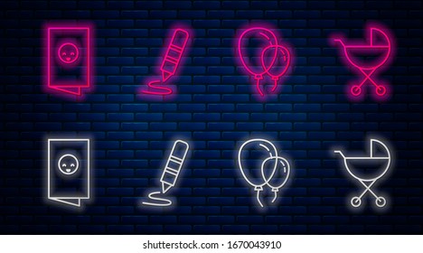 Fije la línea Cañón de cera para el dibujo, Globos con cinta, Tarjeta de invitación a la ducha bebé, afiche y coche bebé. Icono de neón brillante en la pared de ladrillo. Vector