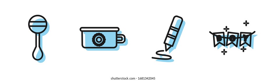 Set line Wax crayon for drawing, Rattle baby toy, Baby potty and Carnival garland with flags icon. Vector