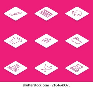 Set line Wax crayon for drawing, Calendar, Happy little boy head, Baby clothes, Newborn baby infant swaddled, bathtub, ABC blocks and stroller icon. Vector