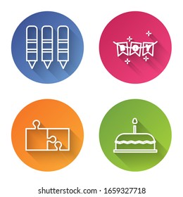 Set line Wax crayons for drawing, Carnival garland with flags, Piece of puzzle and Cake with burning candles. Color circle button. Vector